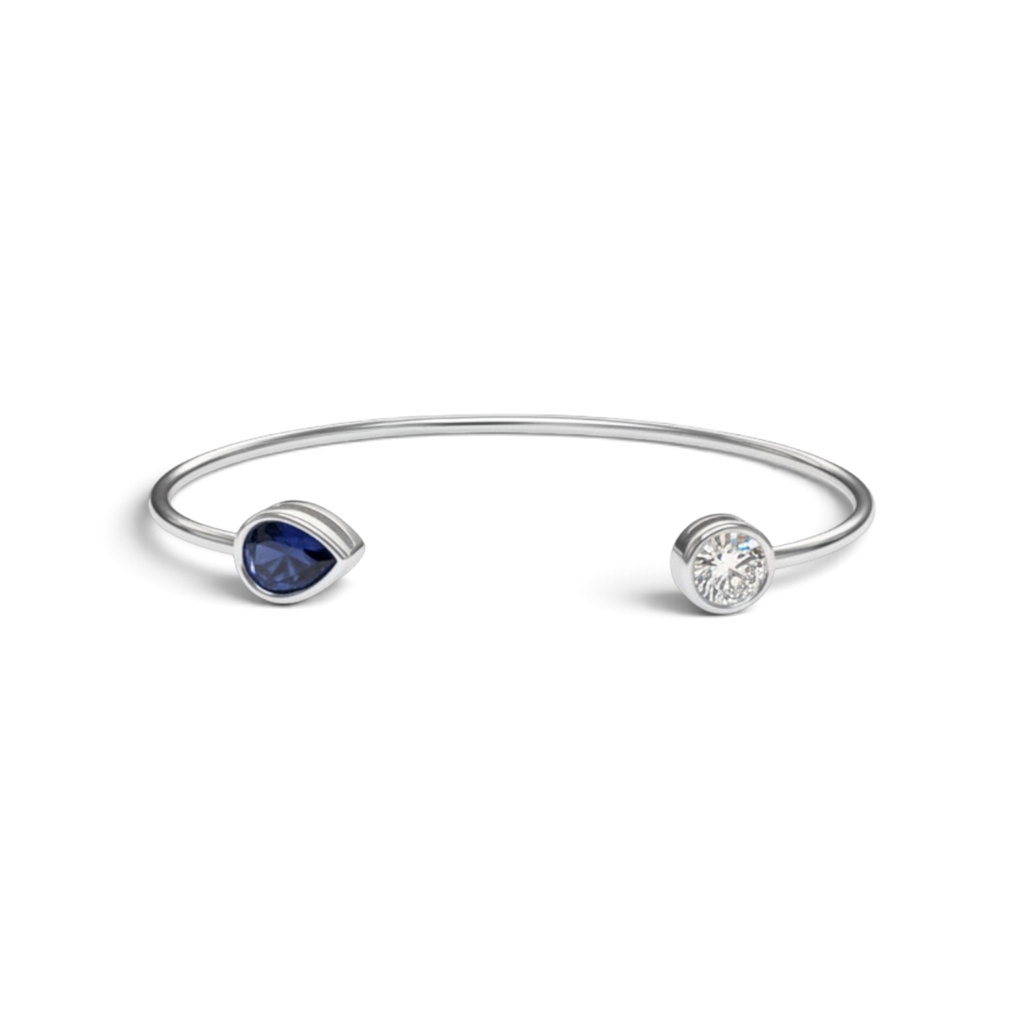 14KT White Gold Bezel Set Diamond And Sapphire Cuff Bracelet