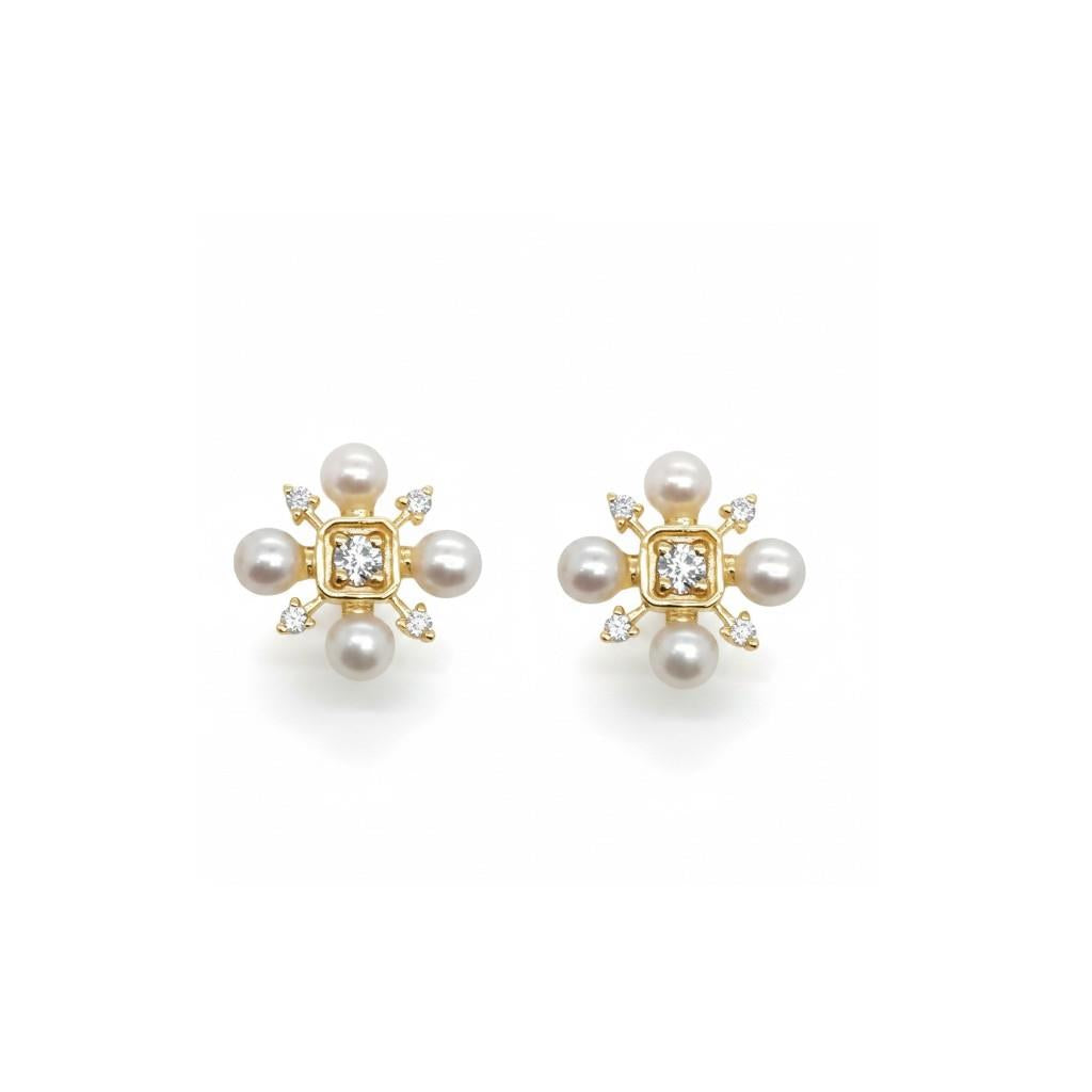 14kt Yellow Gold Pearl & Diamond Flower Stud Earrings
