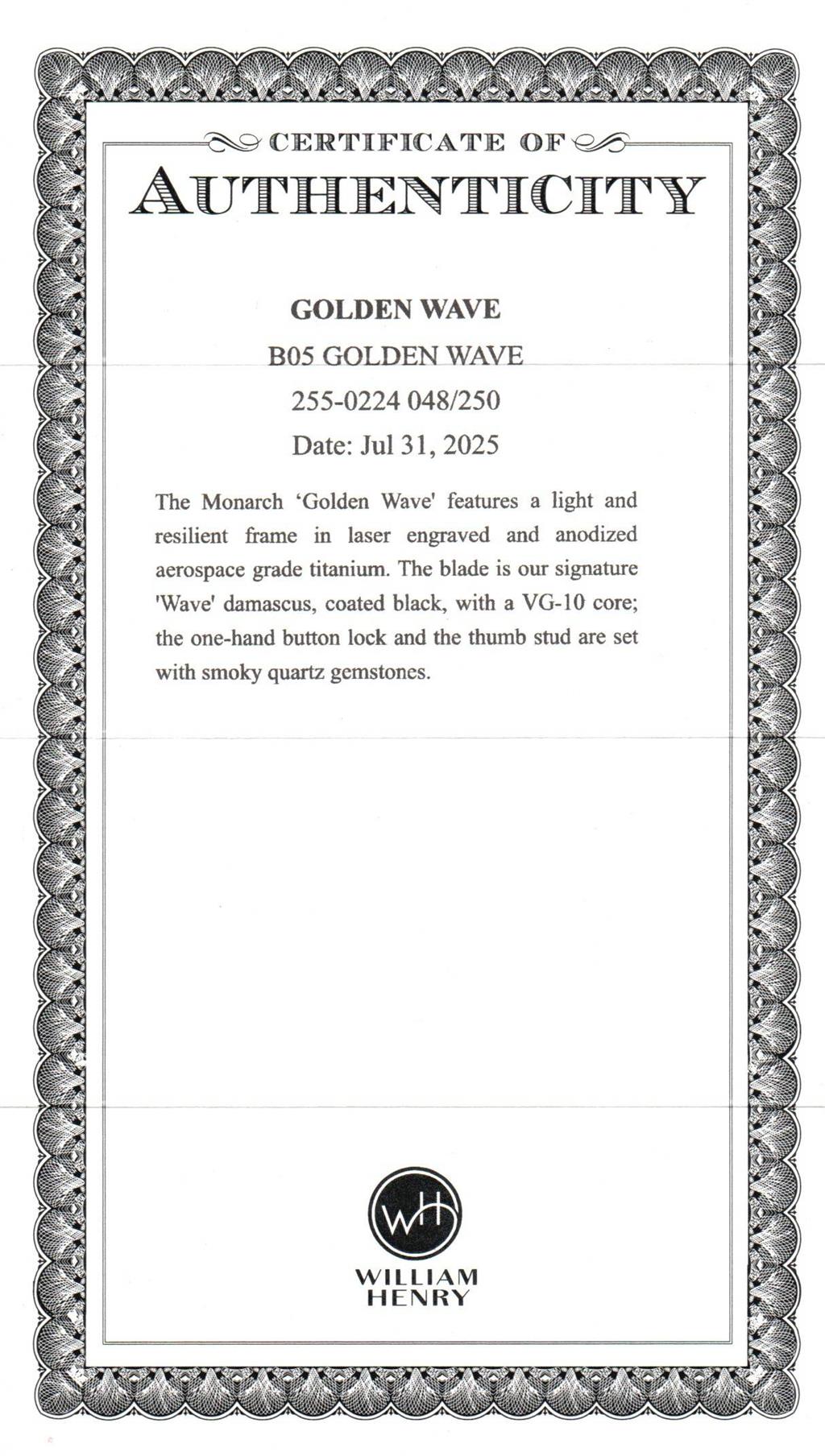 Williamn Henry Monarch ‘Golden Wave' Laser-engraved Titanium Pocketknife