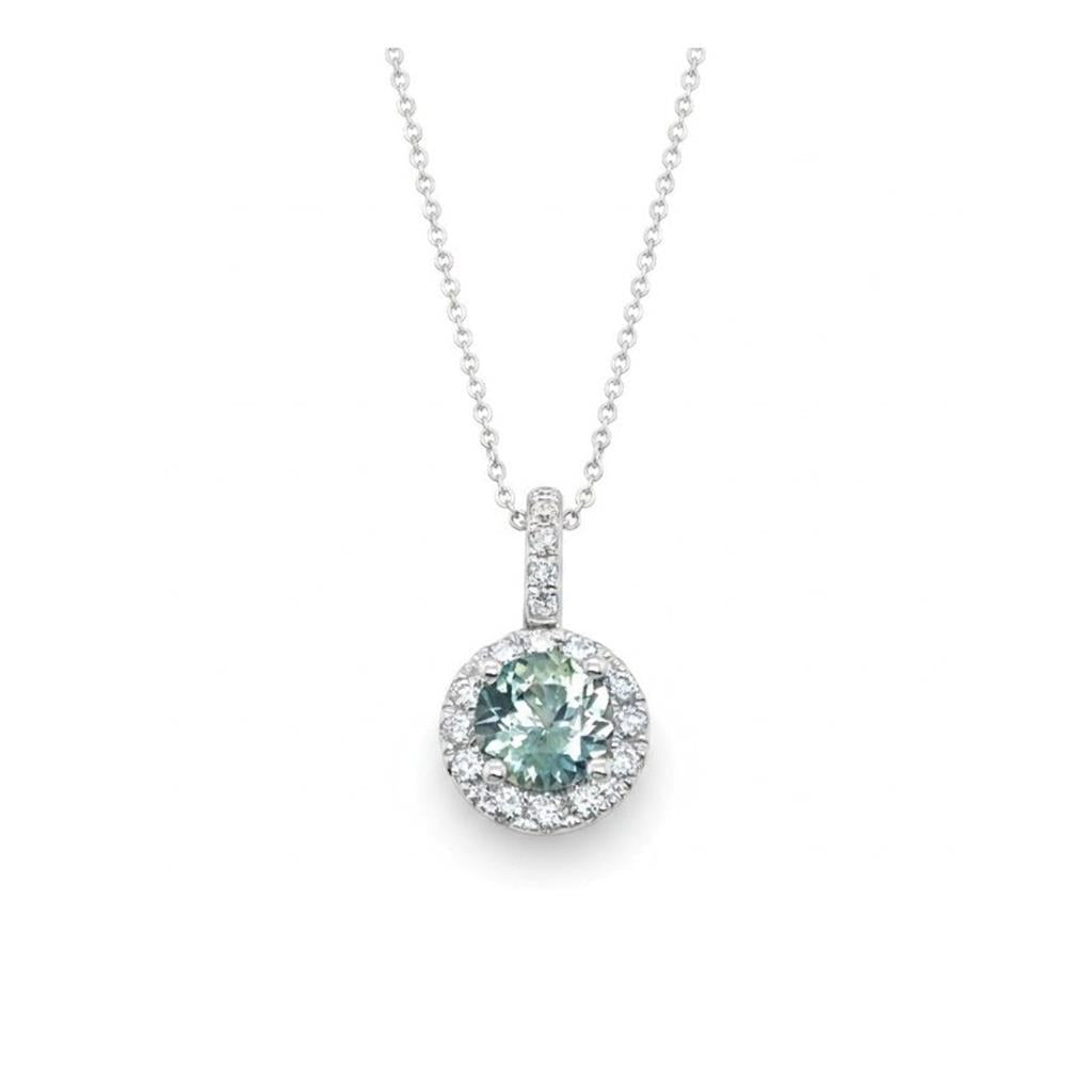 18kt White Gold Round Light Blue-Green Sapphire & Diamond Halo Pendant