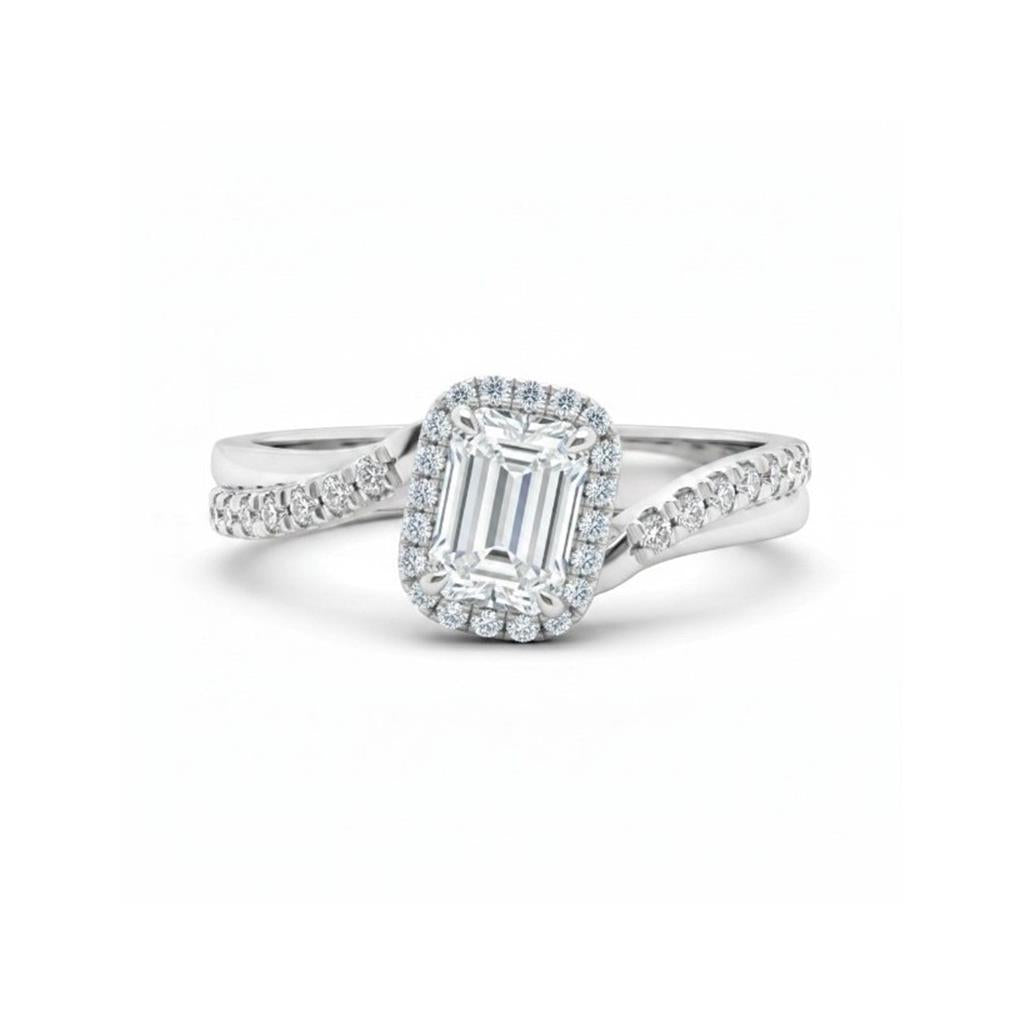14K White Gold Emerald Cut Diamond Halo Bypass Engagement Ring | 1.10ct