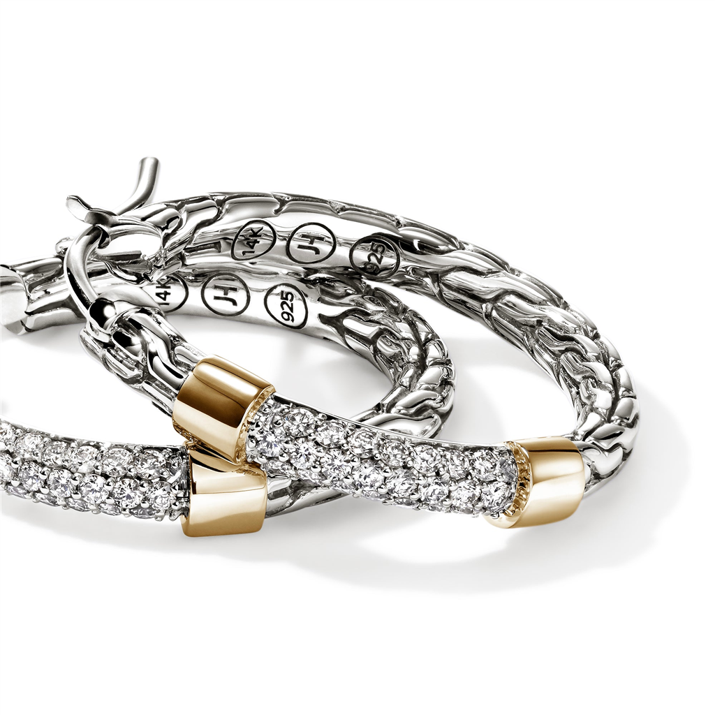 Sterling Silver & 14kt Yellow Gold Diamond Pave Hoop Earrings