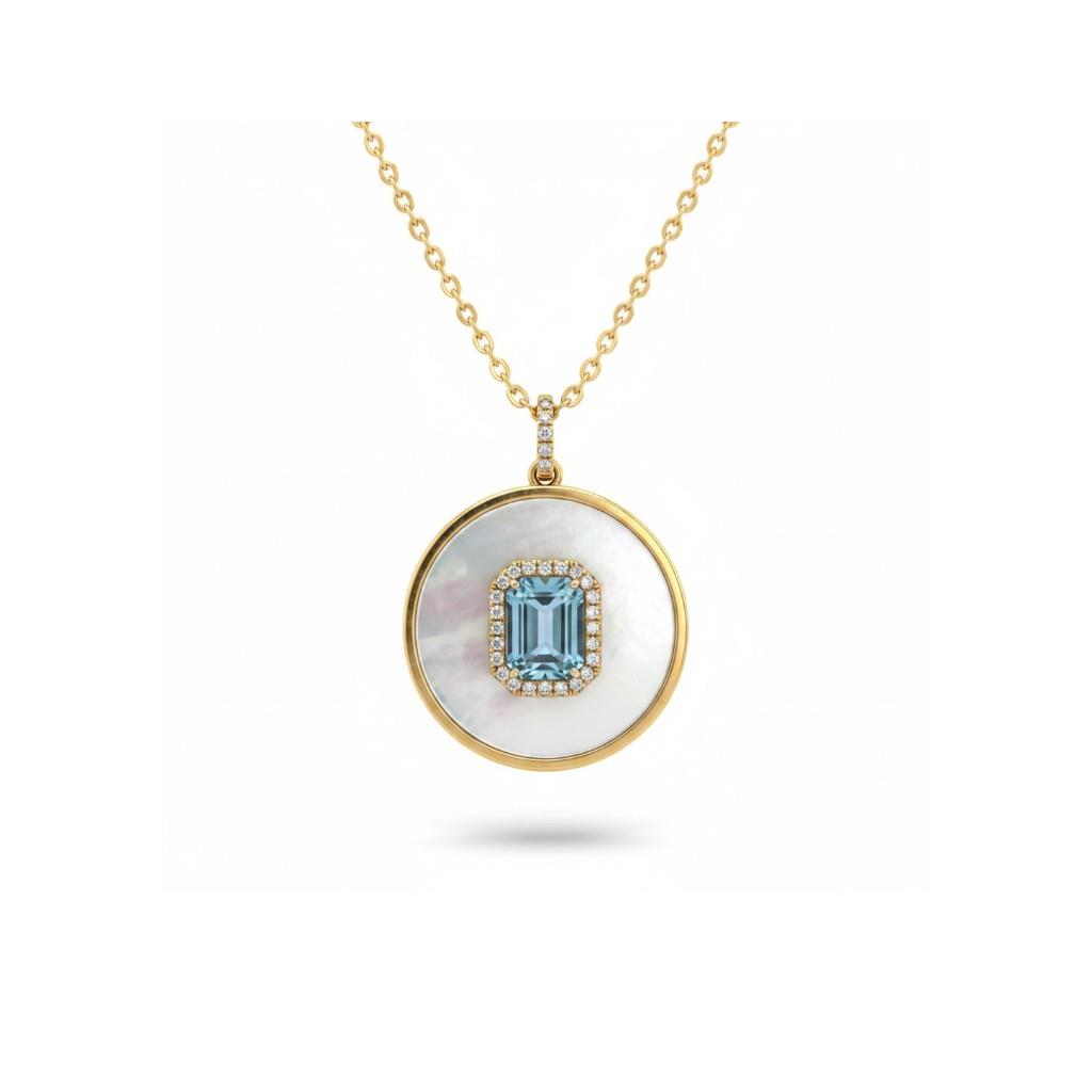 18kt Yellow Gold Mother of Pearl, Diamond & Sky Blue Topaz Round Disc Medallion Pendant