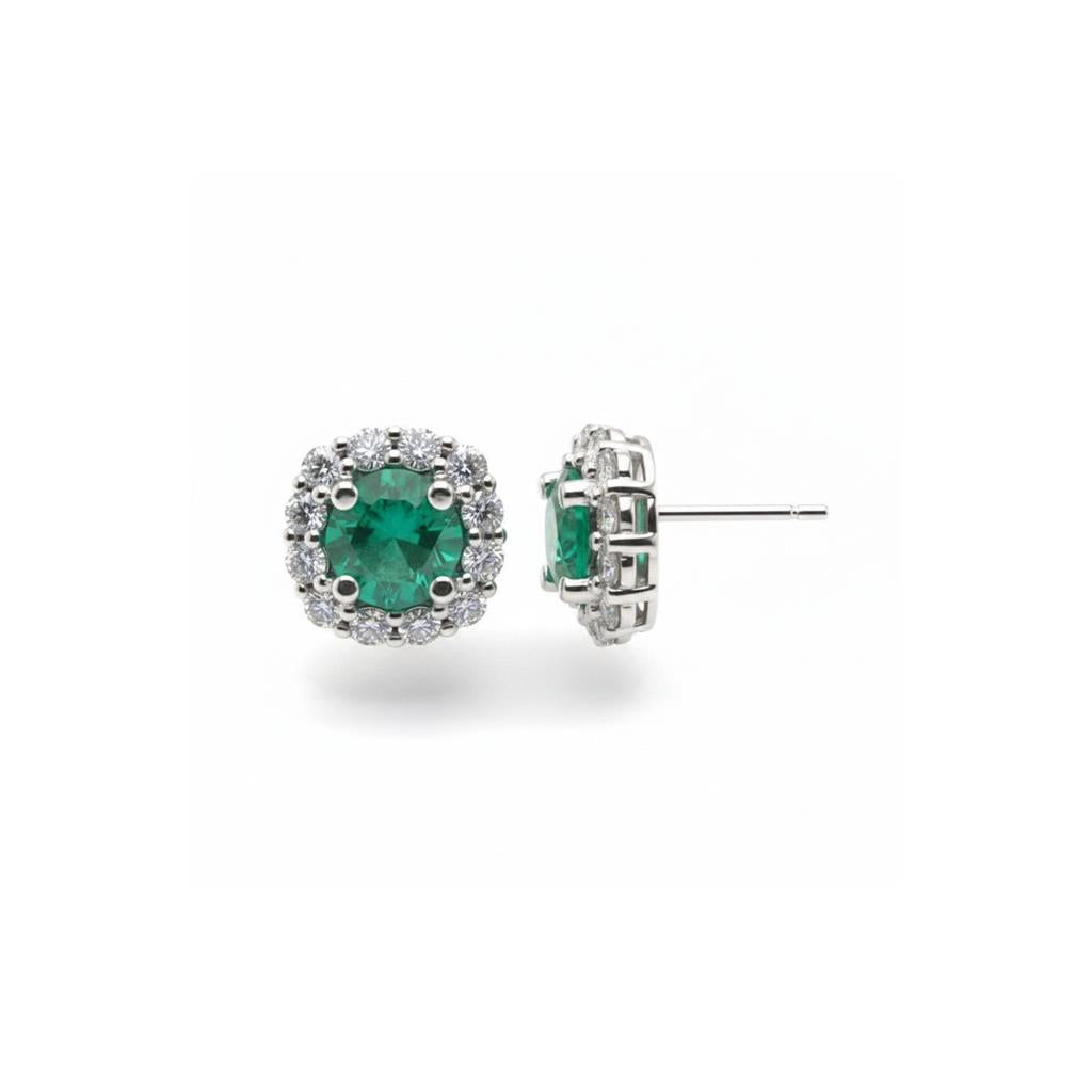 14K White Gold Emerald & Diamond Cushion Halo Stud Earrings – 0.88ctw