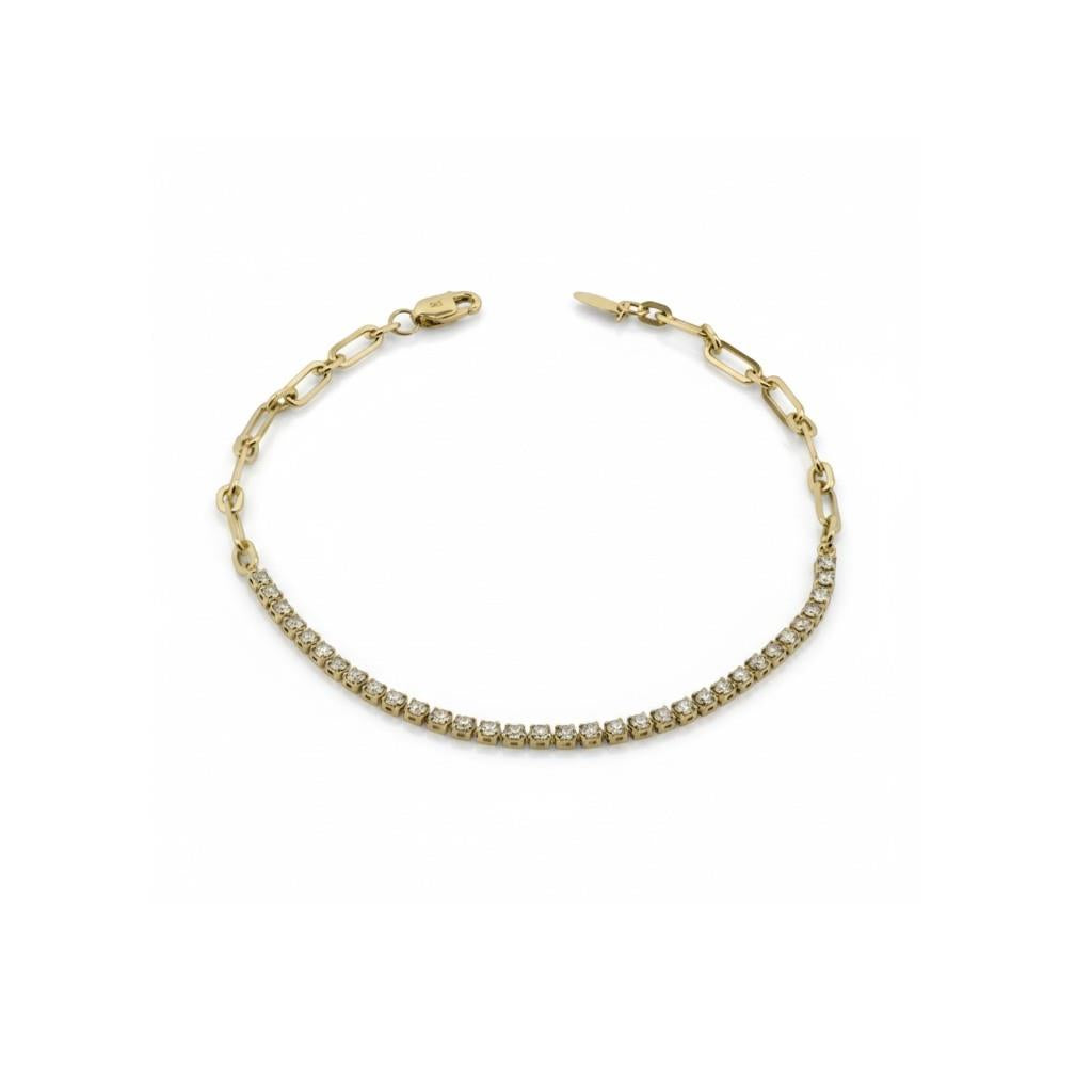 14KT Yellow Gold Half Diamond Tennis Half Paperclip Chain Bracelet