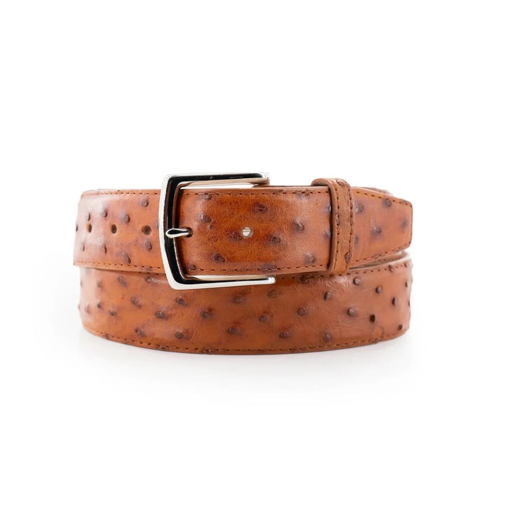 40mm Cognac Leather Ostrich Quill Belt with Matching Stitching – 44 Length with Italian Screws