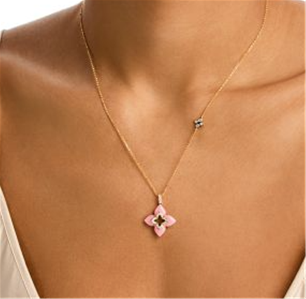 18KT Yellow Gold Venetian Princess Pink Opal Flower Necklace