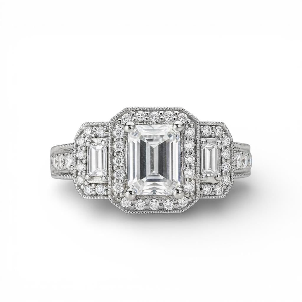 Platinum Three-Stone Emerald Cut Diamond Halo Engagement Ring