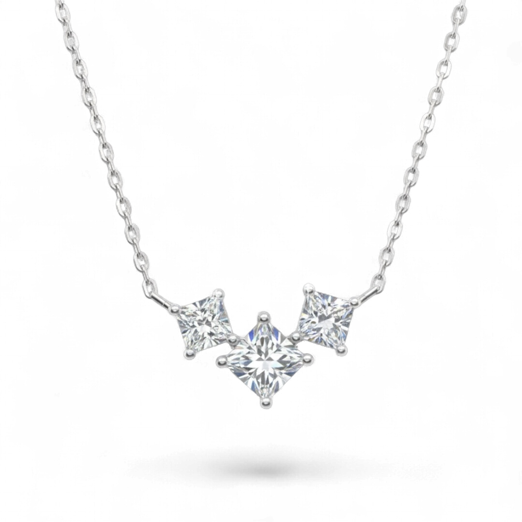 14KT White Gold Three-Stone Princess-Cut Diamond Necklace