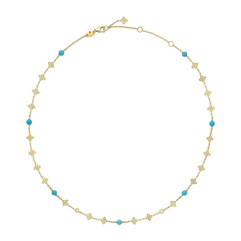 18K Yellow Gold Roberto Coin Turquoise & Diamond Princess Flower Station Necklace