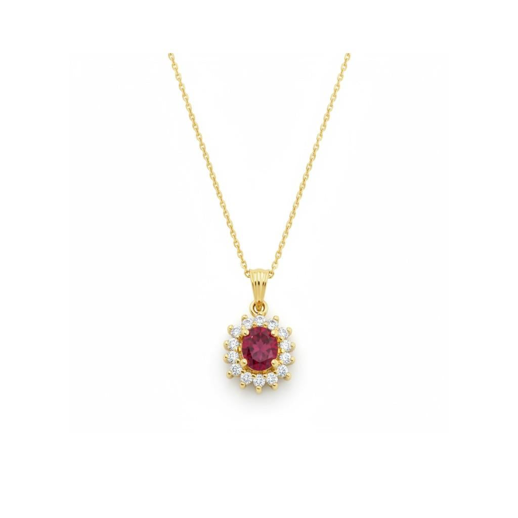 14kt Yellow Gold Chain & 18kt Yellow Gold Ruby & Diamond Halo Pendant Necklace – 18"