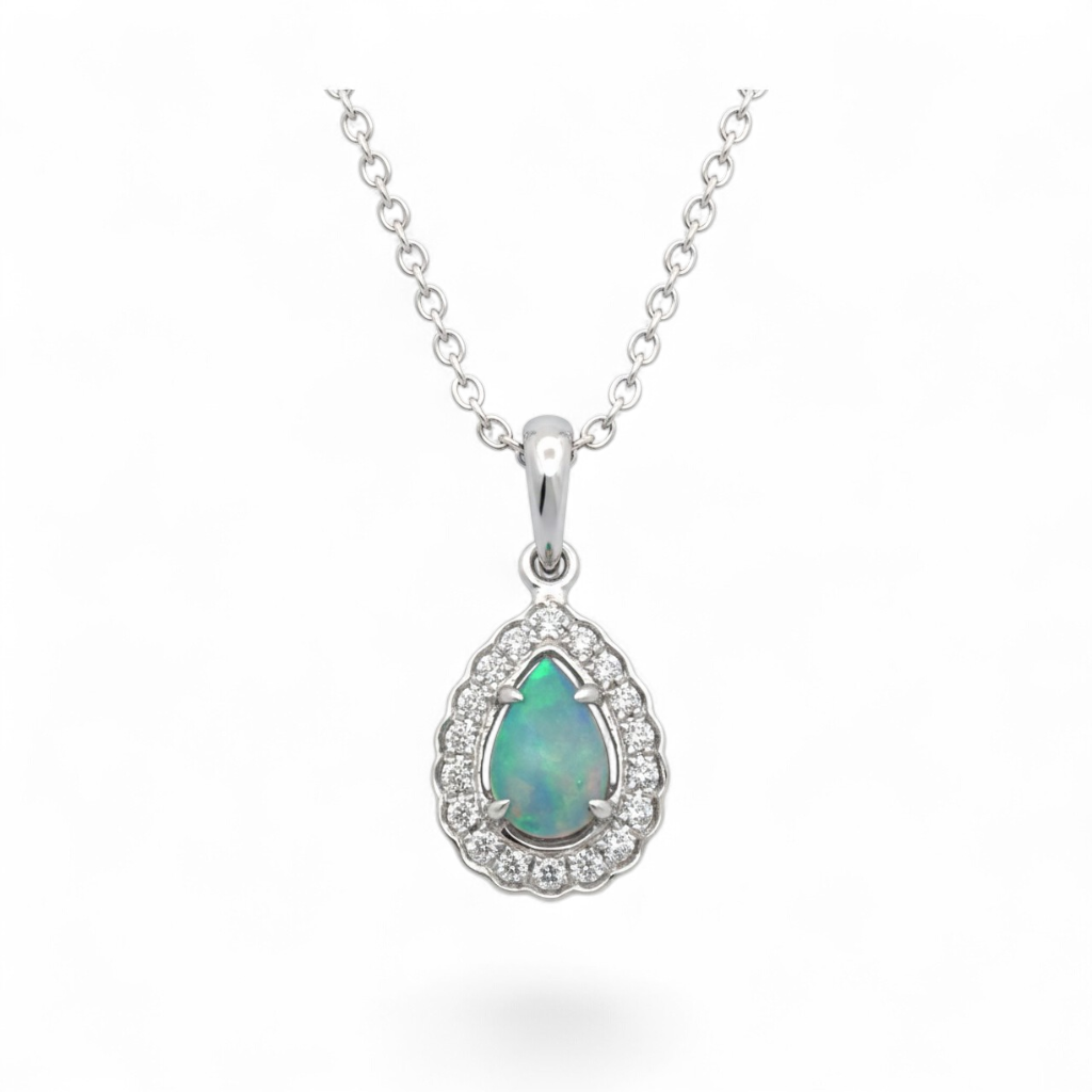 14KT White Gold Pear-Shaped Opal & Diamond Halo Pendant