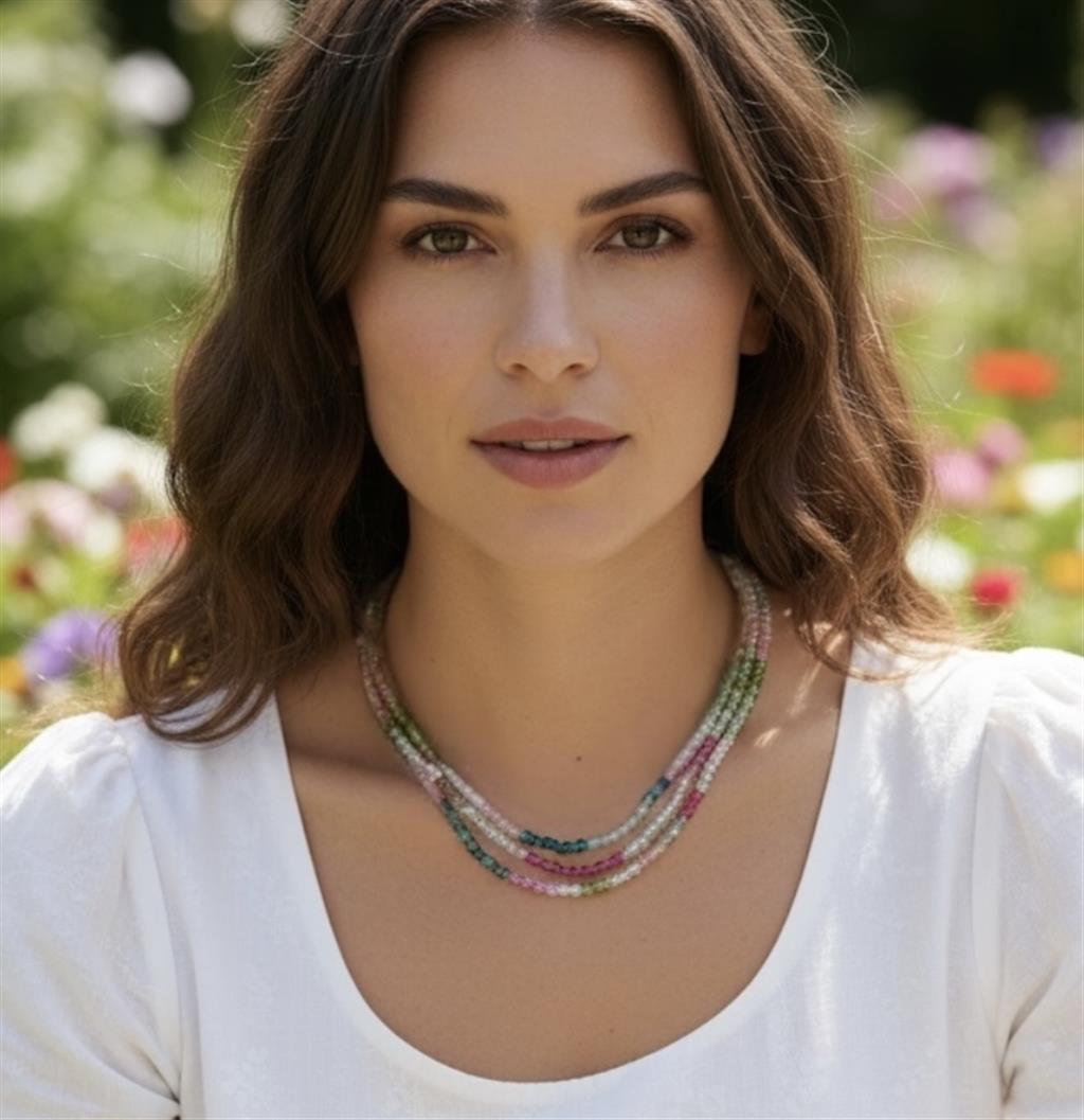 14K White Gold Triple Strand Multi-Color Tourmaline Bead Necklace