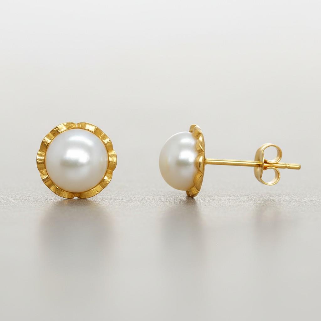 14KT Yellow Gold 4mm White Pearl Halo Stud Earrings
