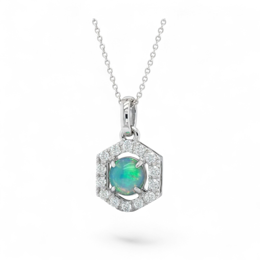 14KT White Gold Diamond & Opal Fancy Halo Pendant