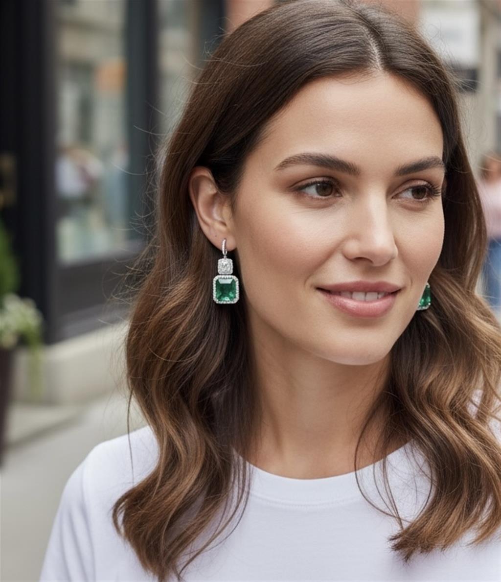 14KT Two-Tone Emerald And Diamond Halo Dangle Earrings