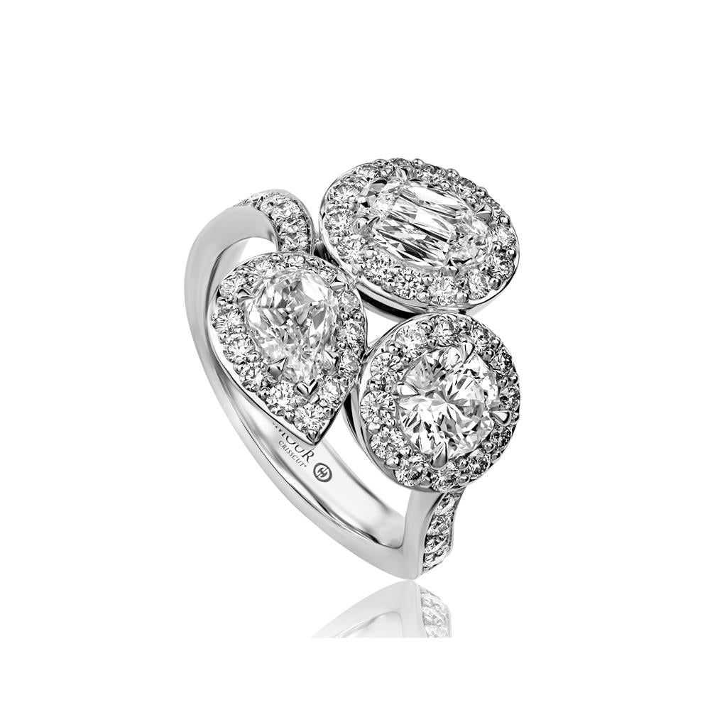 18Kt White Gold 3 Multi Shaped Stone Halo Diamond Fashion Ring