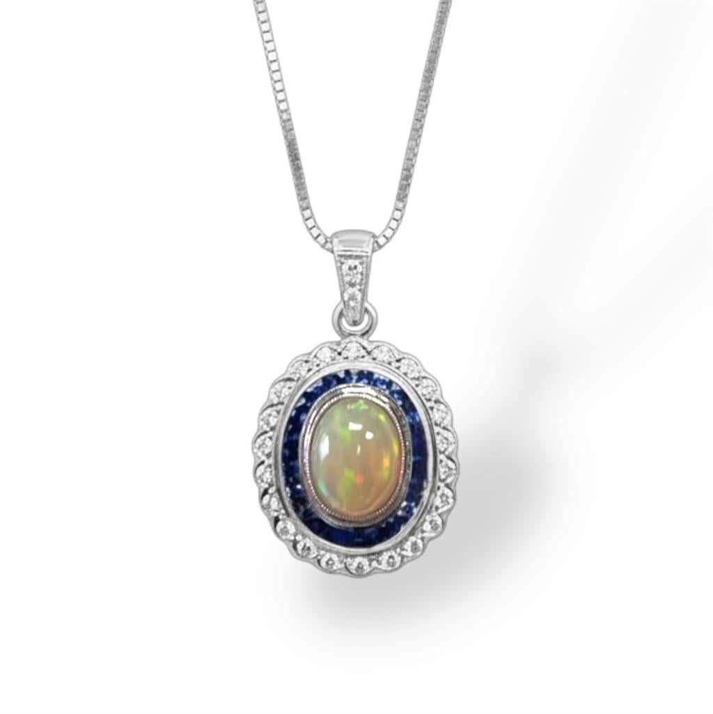 14KT White Gold Diamond and Sapphire Opal Necklace 