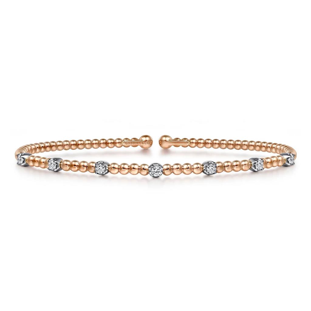 14kt Rose & White Gold Bead Station Diamond Cuff Bracelet 