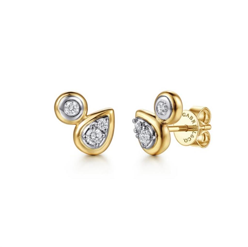 14KT Two-Tone Diamond Pear And Round Stud Earrings