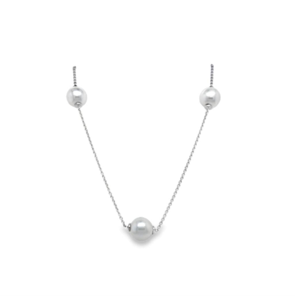 18kt White Gold 3 Pearl Station Necklace – Japanese Cultured Pearl 16–18" Adjustable