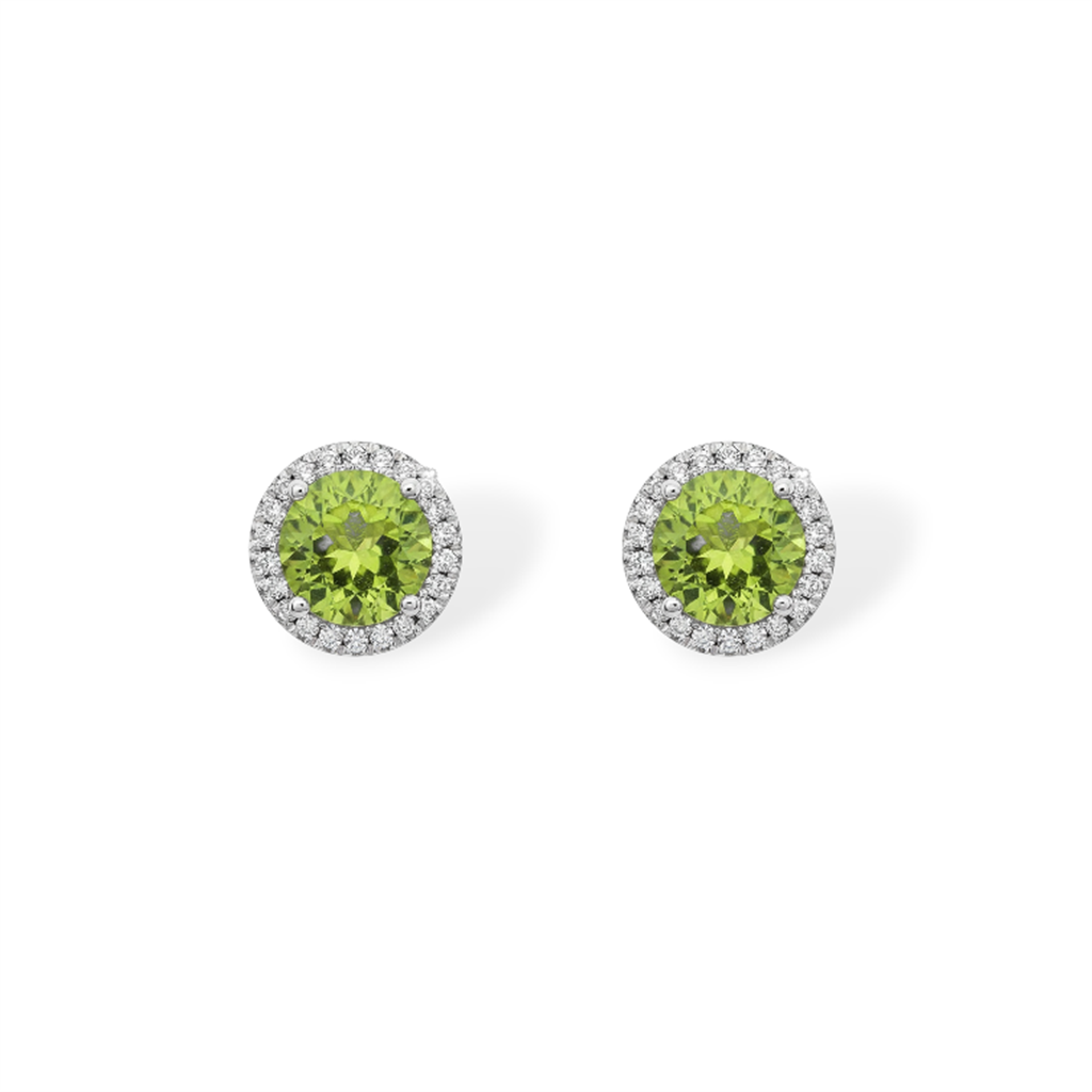 14K/18K White Gold Peridot & Diamond Halo Stud Earrings
