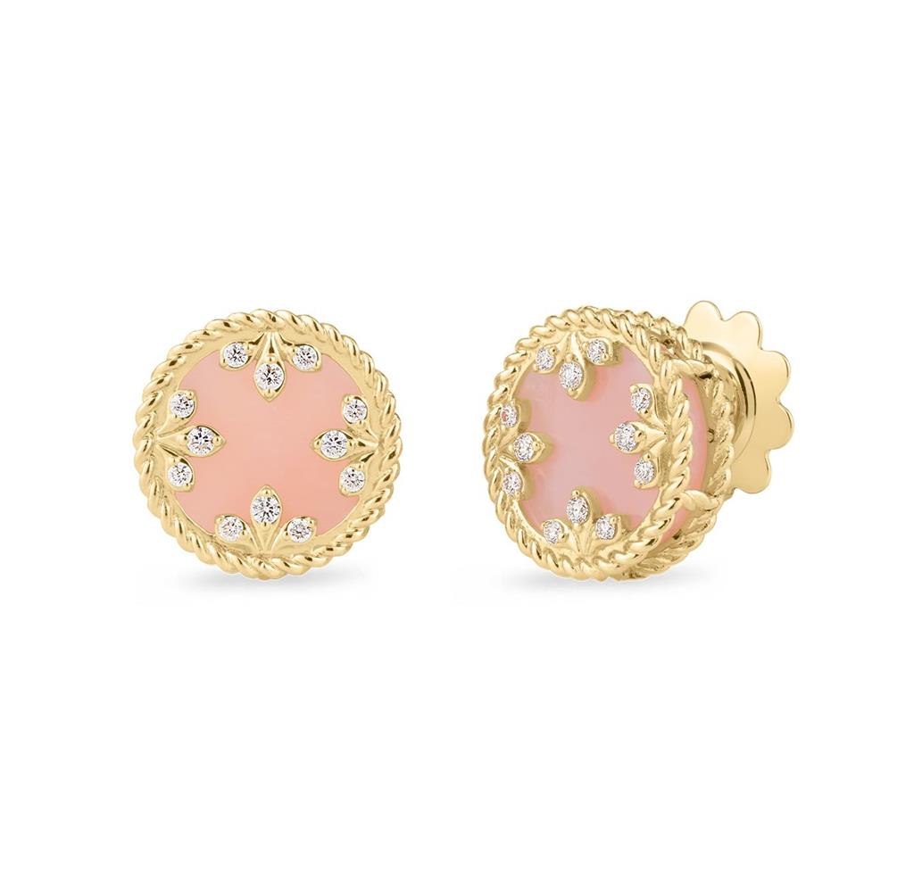 18kt Yellow Gold Venetian Medallion Pink Opal And Diamond Earrings
