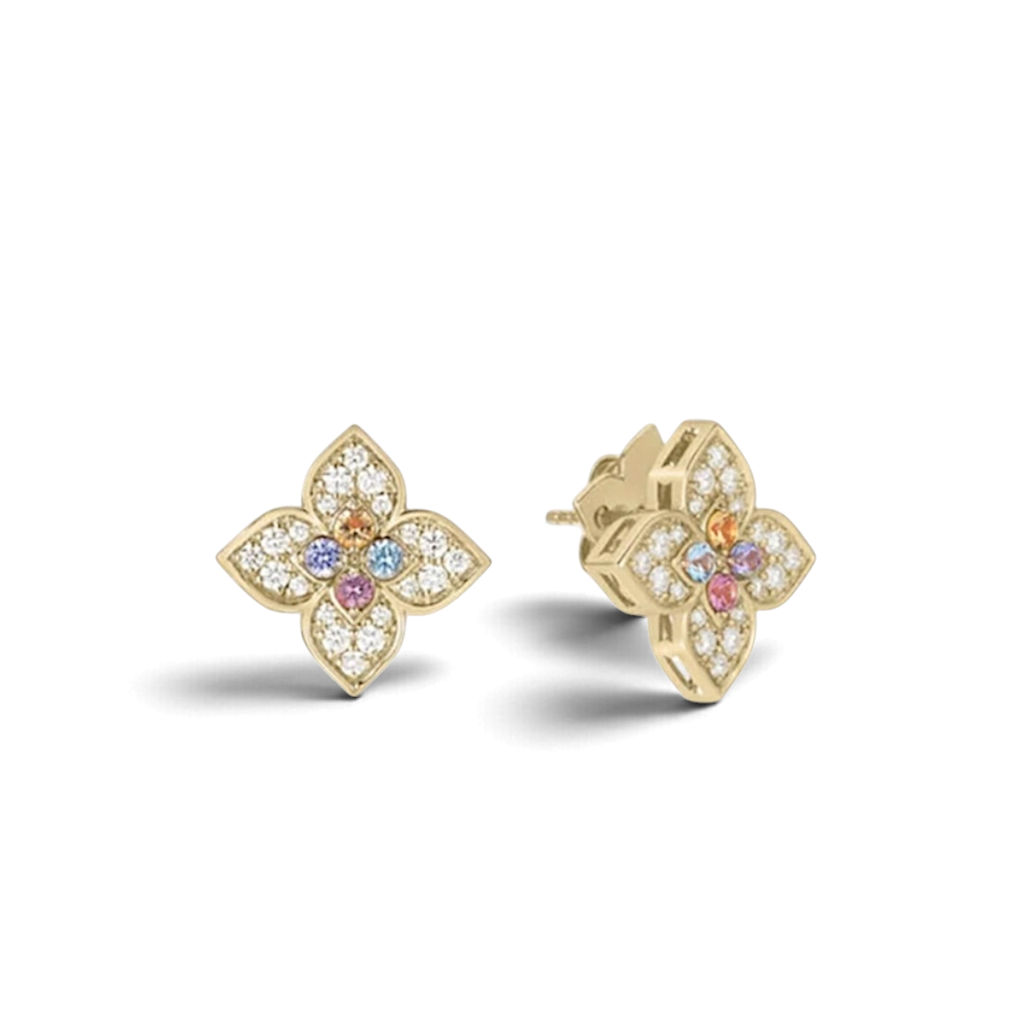 18KT Yellow Gold Carnival Diamond & Colored Stone Flower Earrings