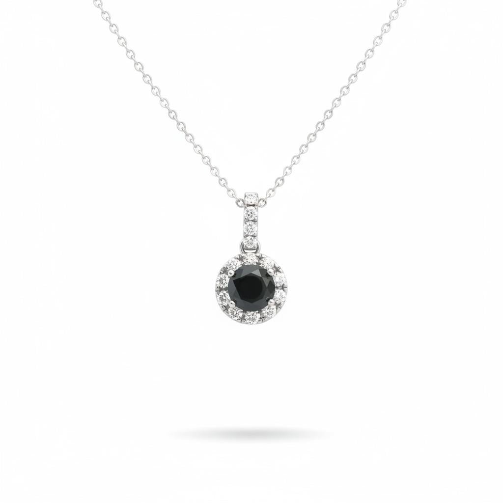 14K White Gold Black Diamond Halo Pendant