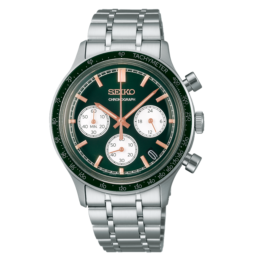Seiko Essentials Chronograph Stainless Steel Green Dial Watch – Model SSB481