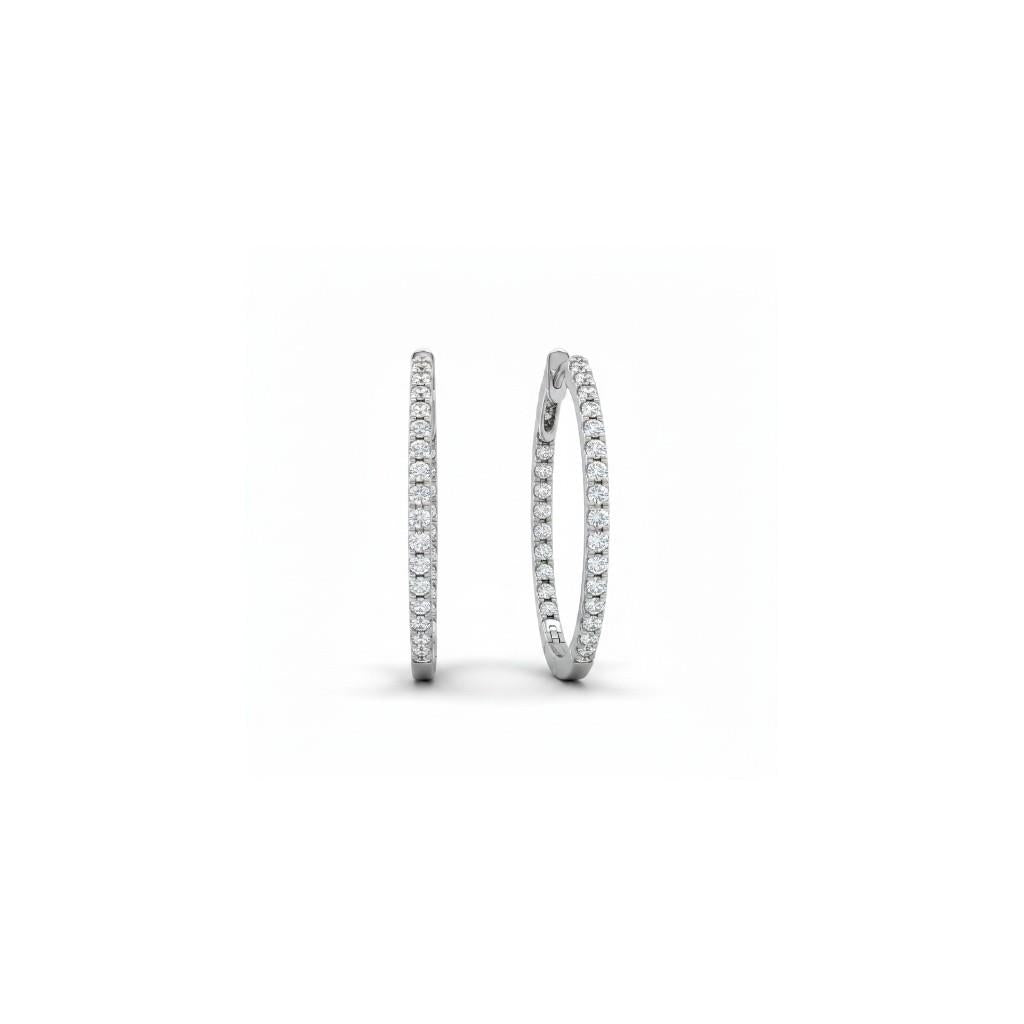 14K White Gold Oval In/Out Diamond Hoop Earrings | 0.25ct
