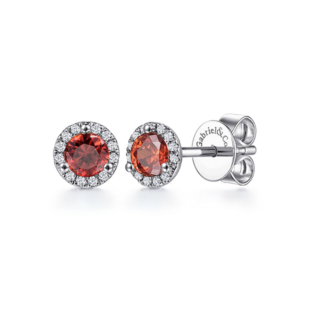 14KT White Gold Halo Garnet and Diamond Stud Earrings