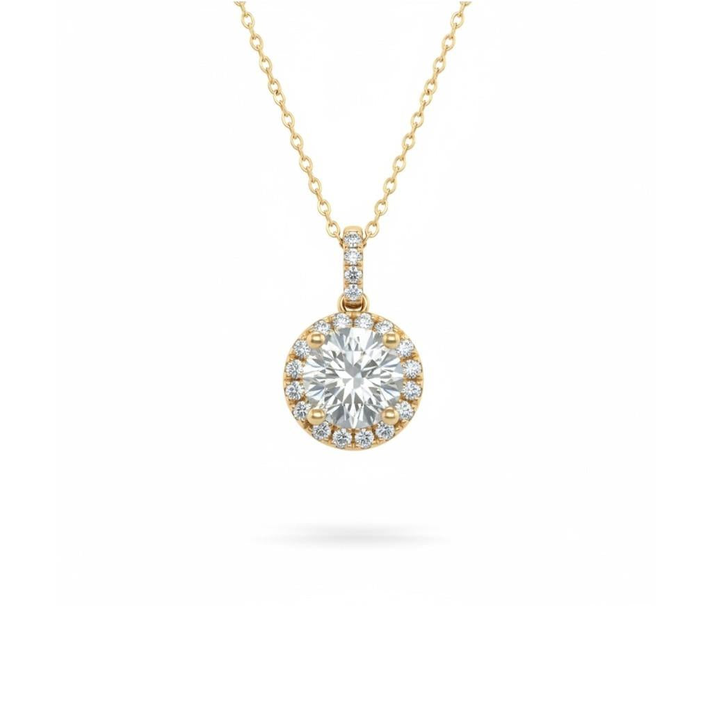 18K Yellow Gold Round Diamond Halo Pendant