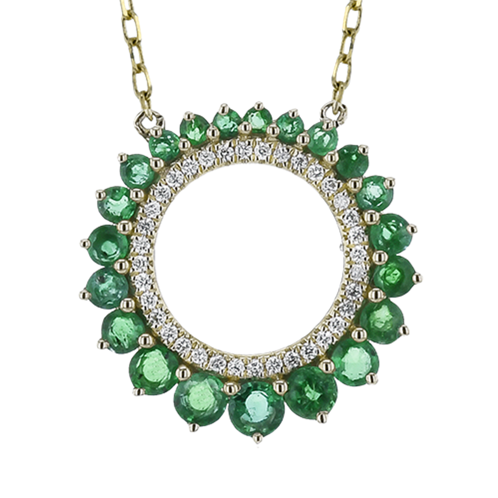 14K Yellow Gold Emerald & Diamond Circle Pendant Necklace