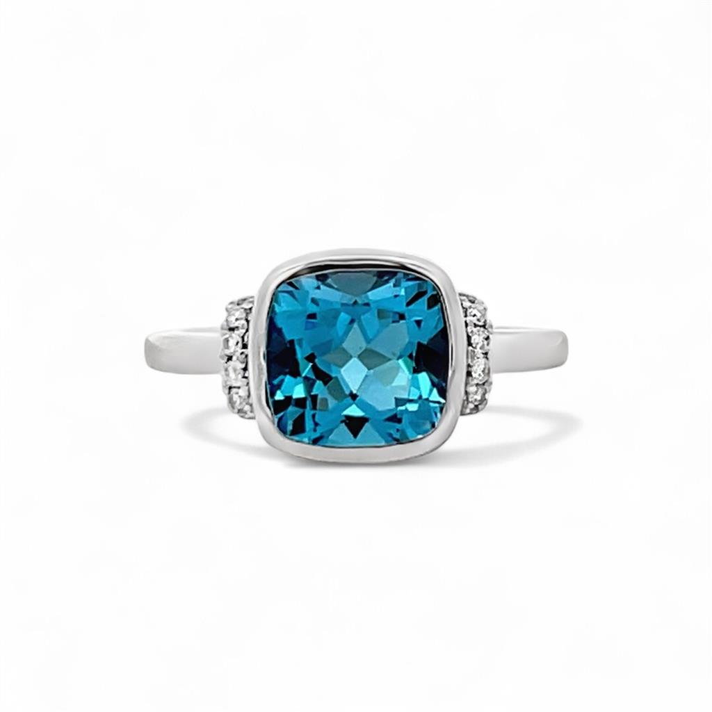 14K White Gold Accented Bezel Fashion Ring with Blue Topaz & Diamonds