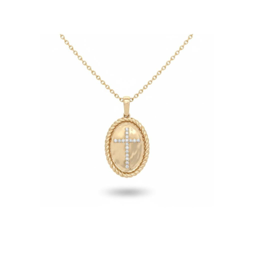 14kt Yellow Gold Diamond Cross Oval Disc Pendant