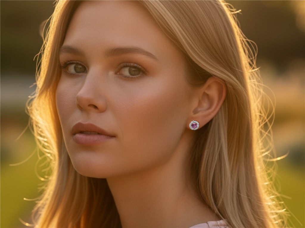 14 Kt White Gold Pink Garnet & Diamond Halo Stud Earrings