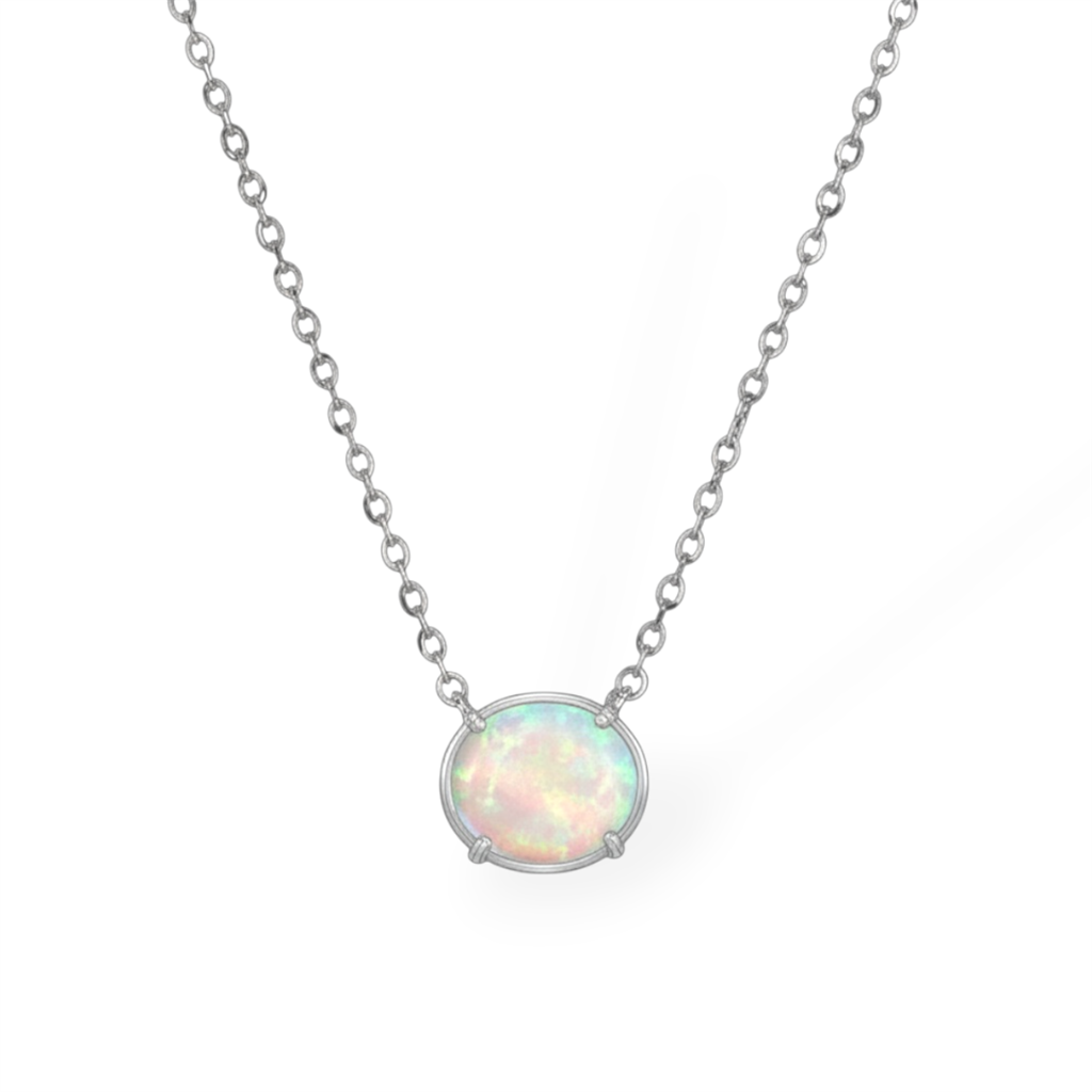 14KT White Gold Oval Opal Pendant Necklace