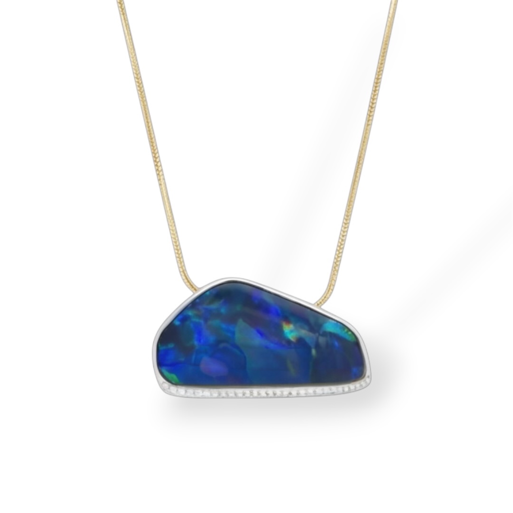 14KT Yellow Gold Doublet Opal And Diamond Pendant Necklace
