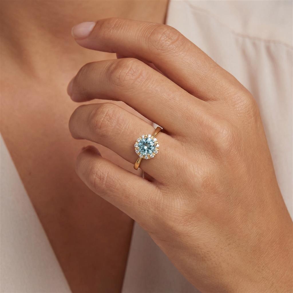 14KT Yellow Gold Aquamarine and Diamond Round Halo Fashion Ring