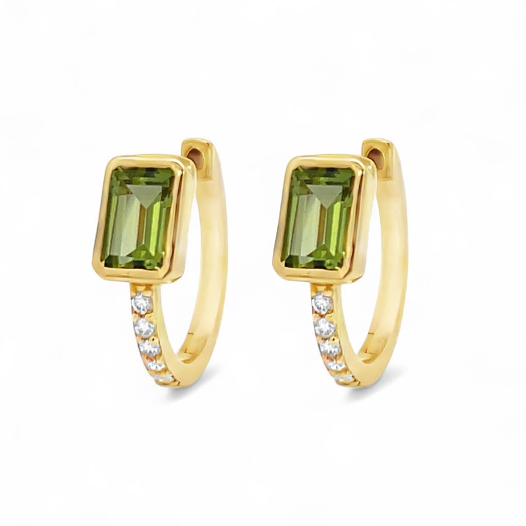 14kt Yellow Gold Emerald-Cut Peridot & Diamond Huggie Earrings