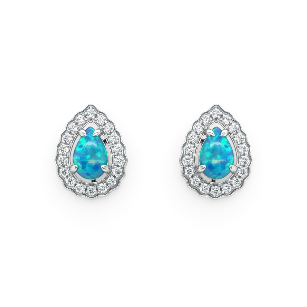 14KT White Gold Pear-Shaped Opal & Diamond Halo Stud Earrings