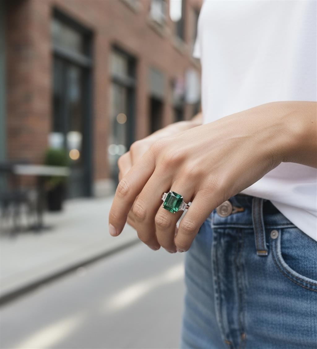 Platinum 3 Stone Emerald And Diamond Fashion Ring
