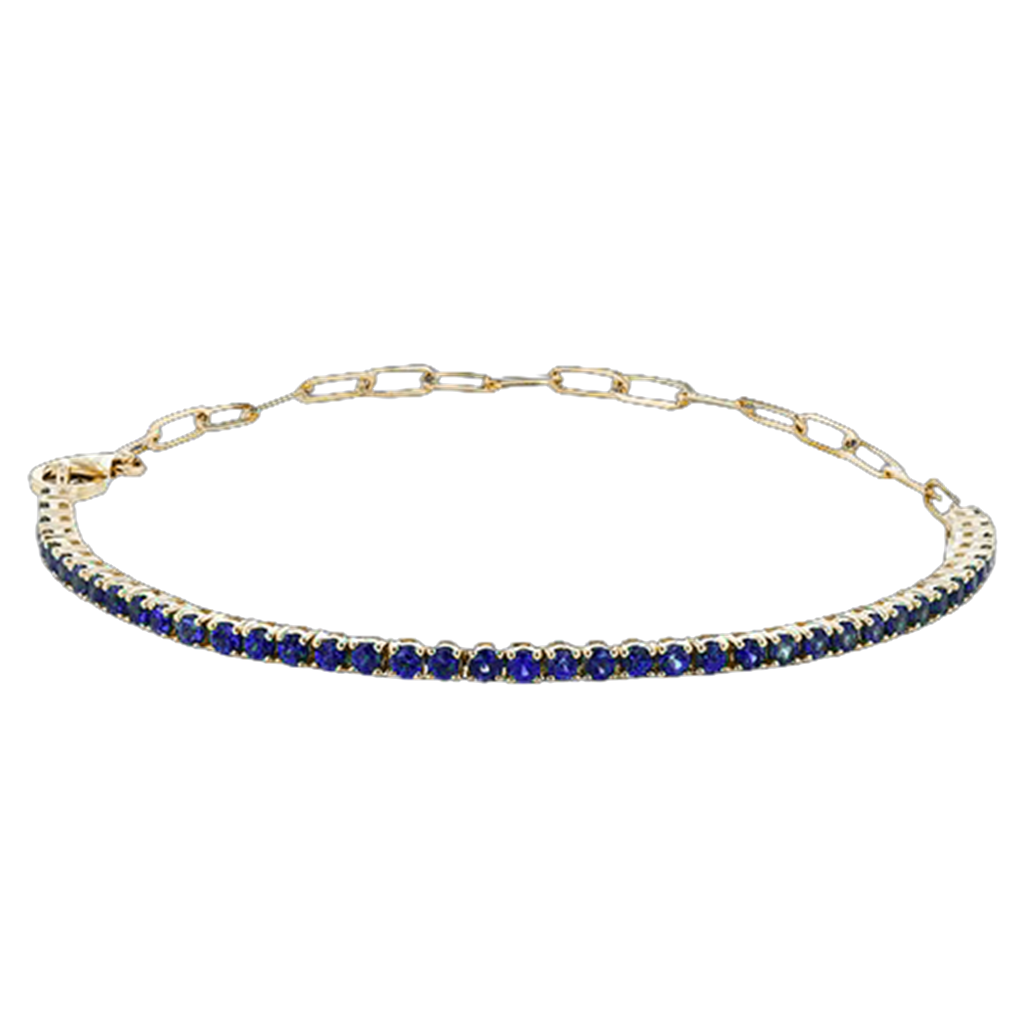 14KT Yellow Gold Sapphire Tennis Bracelet with Paperclip Chain