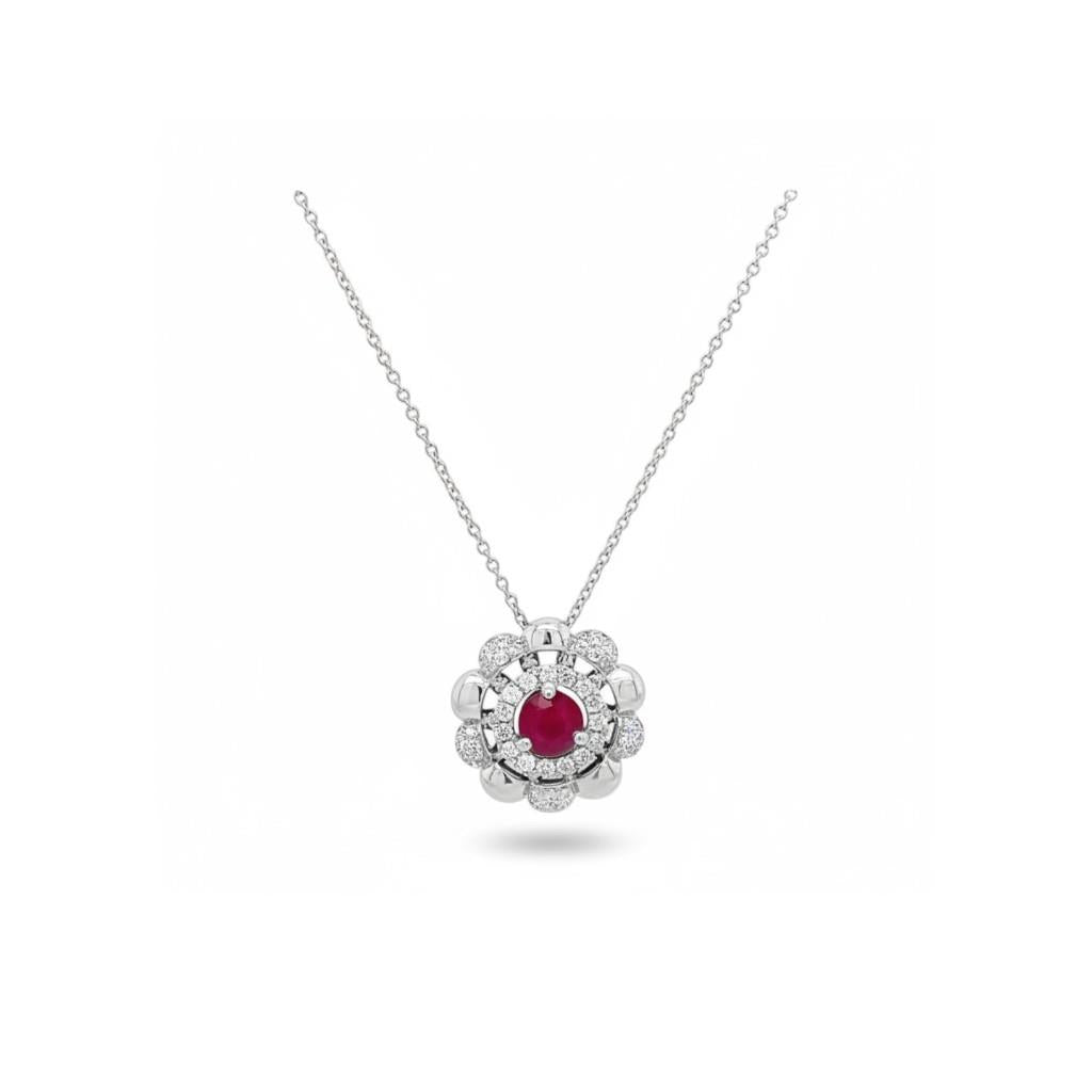 18kt & 14kt White Gold Double Halo Ruby & Diamond Necklace – 16"