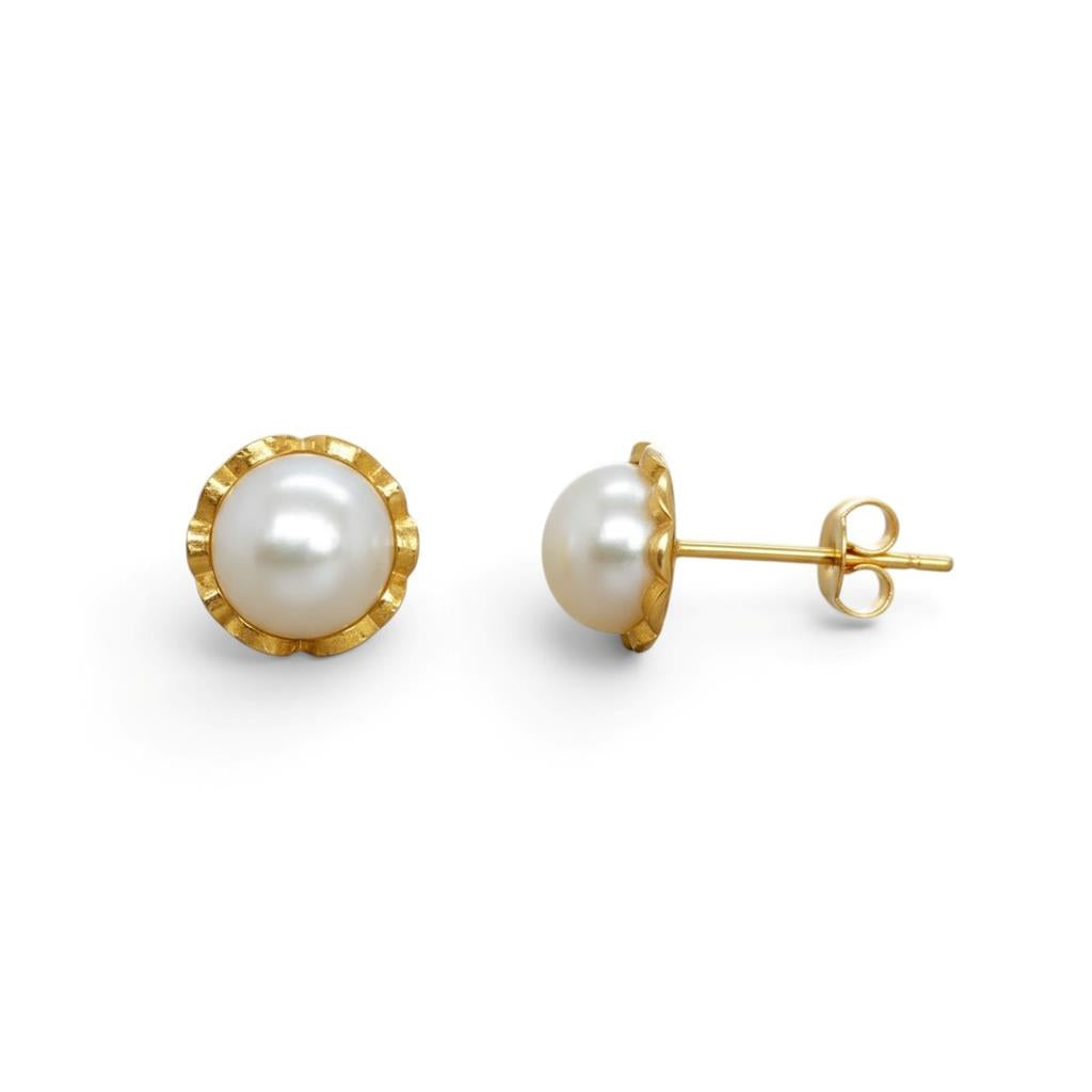 14KT Yellow Gold 4mm White Pearl Halo Stud Earrings