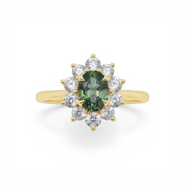 18kt Yellow Gold Green Sapphire & Diamond Oval Halo Fashion Ring