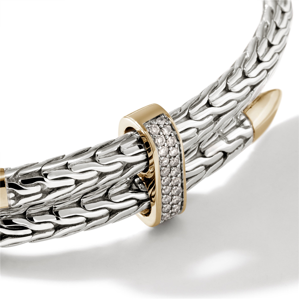 14kt Yellow Gold & Sterling Silver Classic Chain Diamond Pavé Spear Bypass Flex Cuff