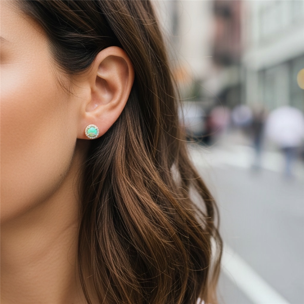 14KT White Gold Opal Halo Stud Earrings