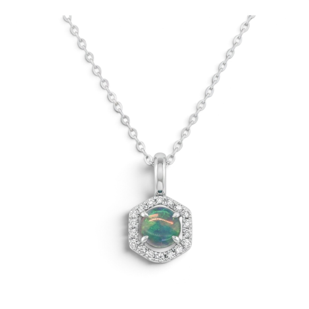14KT White Gold Opal & Diamond Halo Pendant